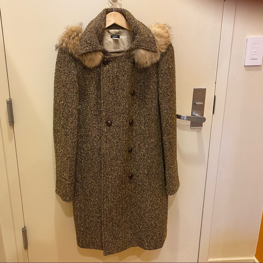 Vintage Jcrew Wool Jacket with removable fur hood. Size 14.